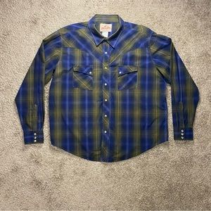 VTG American Cowboys Choose Wrangler Western Stitched XXL Pearl Snap Button